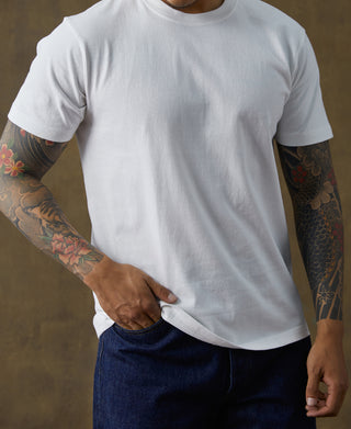 White cotton tubular T-shirt front view with crew neck and short sleeves