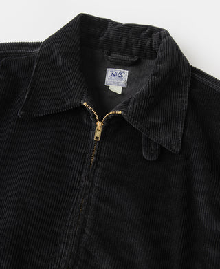 Black corduroy zip-up jacket with stand collar and gold-tone zipper teeth