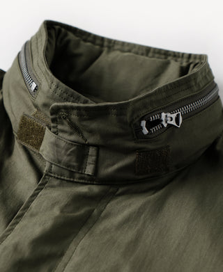 Olive parka hoodless neckline with ribbed collar trim and front zipper