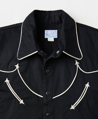 Black western shirt close-up of collar and front buttons with white trim embroidery