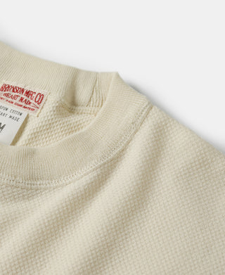 Cream waffle knit T-shirt neckline detail and interior neck label