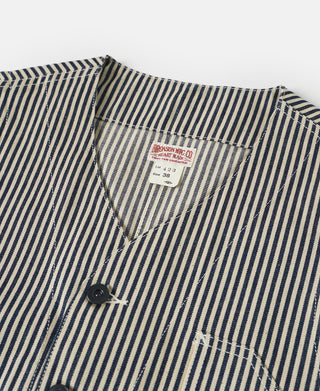 Pinstripe vest with V-neck, button placket, and size tag at chest