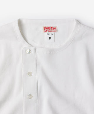 White henley shirt with three-button neckline placket and ribbed collar