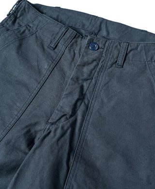 Navy fatigue utility shorts close-up of front seam, buttoned fly, and pleated waist