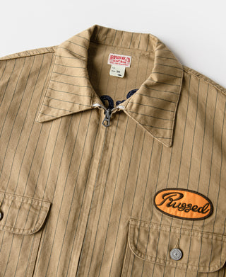 Khaki striped chore coat collar with zip front and stitched snap pockets