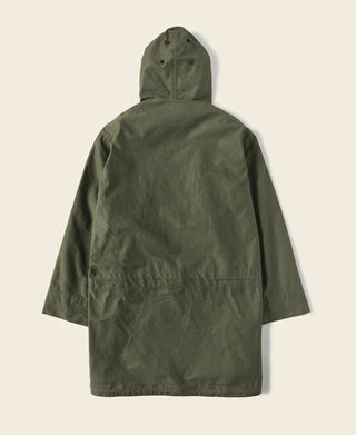 Olive cotton field parka back view with hood and center seam detail