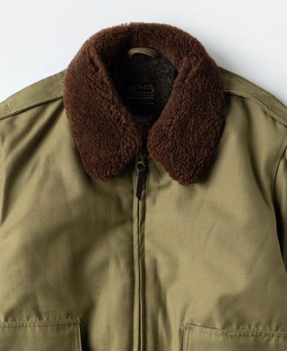 Khaki flight jacket close-up: brown shearling collar with front zipper and under-tab placket.