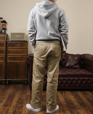 Gray terry cloth full-zip hoodie with attached hood and front zipper, back view