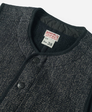 Dark wool vest neckline with button placket and inner black collar