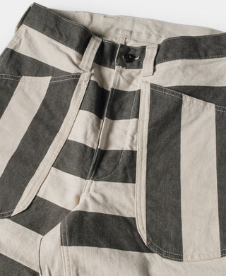 Striped prisoner pants with button fly, white and dark gray stripes and front waistband