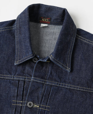 Indigo denim jacket collar with button placket and woven interior lining
