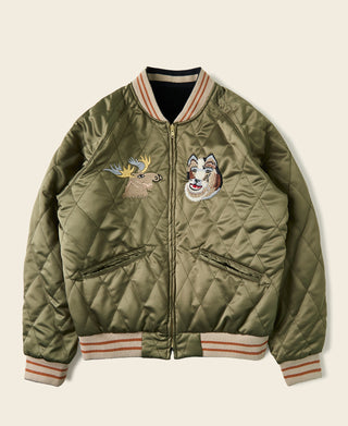 Olive reversible souvenir jacket front with quilting, Alaska patch, and animal character graphic.