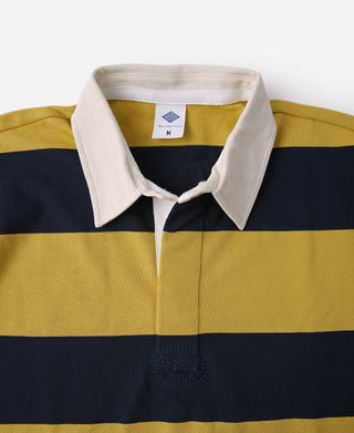 Yellow and navy striped rugby shirt with white contrast collar and button placket