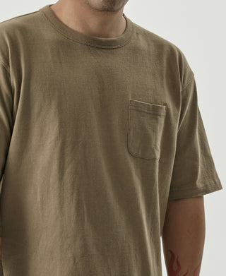 Khaki cotton pocket T-shirt on model with crew neck and front pocket