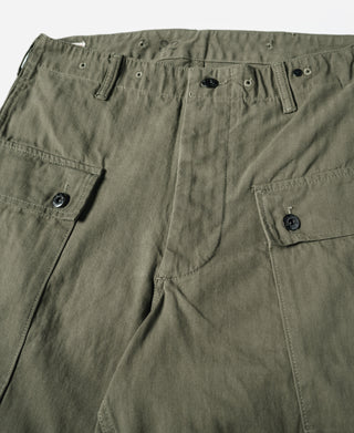 Olive utility cargo pants laid flat showing pockets and button closures