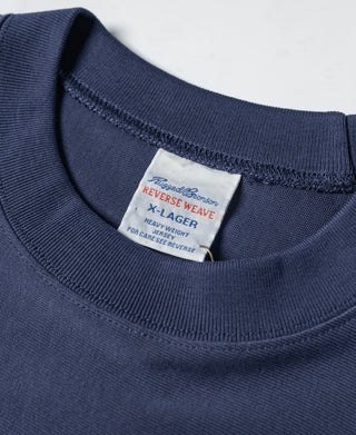 Navy crew-neck T-shirt with ribbed collar and inner neck label; short sleeves
