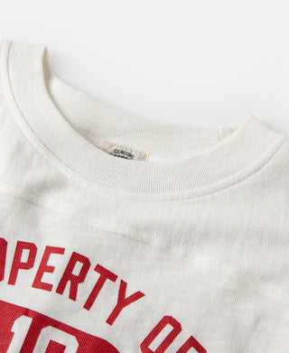 White crew-neck T-shirt collar with inner brand label