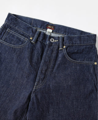 Indigo denim jeans waistband with belt loops, button closure, front panel detail