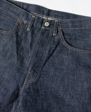 Dark blue denim jeans close-up of waistband, button fly, and front pocket stitching.