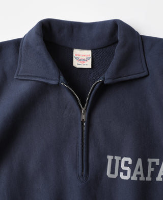 Navy half-zip sweatshirt collar with zipper and USAFA chest logo