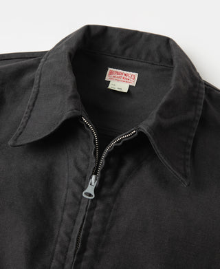 Black moleskin Cossack jacket close-up of stand collar and front zipper placket