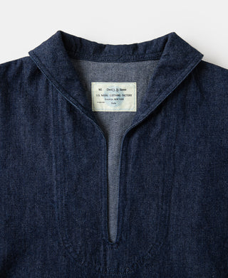 Indigo dungaree pullover jumper close-up of neckline label and zip-front placket