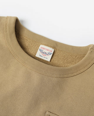 Khaki crewneck sweatshirt neckline with internal brand label