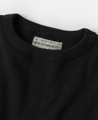 Black crew-neck thermal waffle knit shirt with ribbed collar