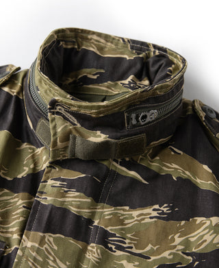 Tiger stripe camo field jacket collar with snap placket and front zipper