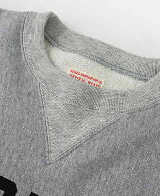 Gray crewneck sweatshirt with V-stitch neckline and interior brand label