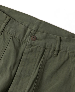 Olive fatigue pants waist with button fly and belt loops