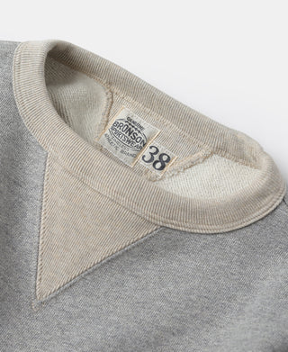 Gray fleece sweatshirt neckline with ribbed inner collar and size label