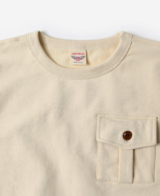 Apricot crewneck sweatshirt close-up of chest pocket with brown button