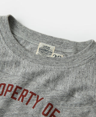 Heather gray crew T-shirt neckline with brand tag; red chest text visible