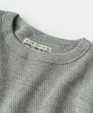 Gray thermal knit shirt neckline with ribbed crew collar and small brand tag