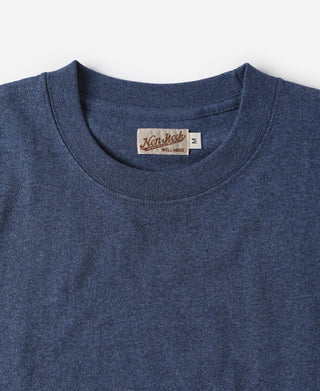 Denim blue cotton T-shirt neckline with brand label inside collar
