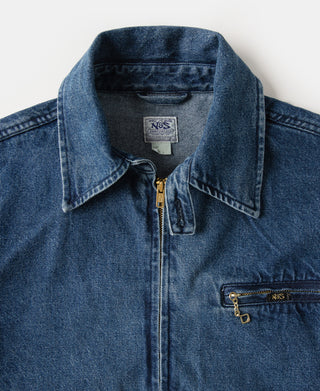Indigo stonewashed denim work jacket, front view with metal zipper and chest pocket