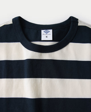 Heavyweight cotton t-shirt neckline with navy and white wide horizontal stripes