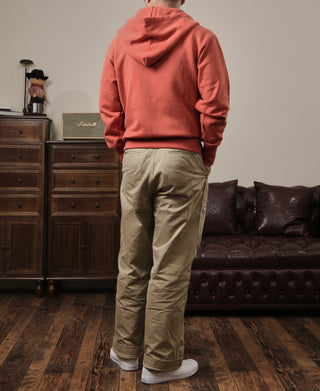 Brick red terry cloth full-zip hoodie on model, hood and back view