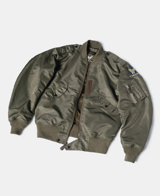Olive flight jacket with stand collar, front zipper, chest pockets