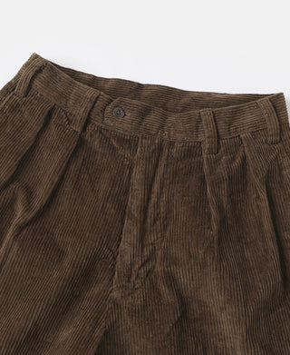 Brown corduroy trousers waistband with button closure and pleated front