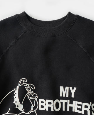 Black raglan sweatshirt close-up of crew neck and 'My Brother's' graphic