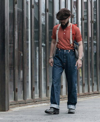 Brick red henley T-shirt with buttoned neckline and short sleeves
