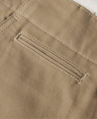Khaki pocket flap with buttonhole stitching detail