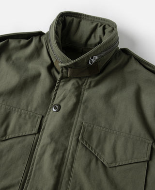 Olive field jacket collar with snap button placket and chest pocket