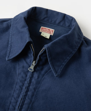 Blue moleskin Cossack jacket open collar with interior label and front zipper
