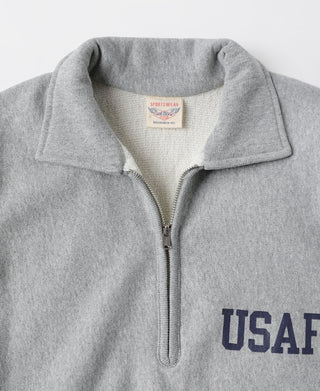 Gray half-zip sweatshirt with stand collar and zipper, inside label visible