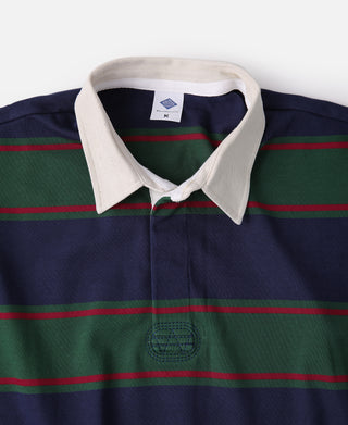 Navy rugby shirt with green/red stripes, white pointed collar, buttoned placket and chest logo