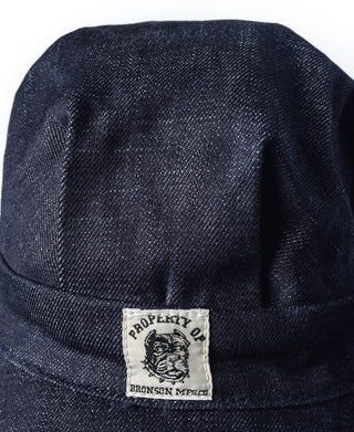 Indigo denim engineer cap crown with front label patch