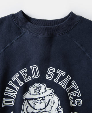 Navy raglan crewneck sweatshirt with white Devil Dog graphic and arched lettering